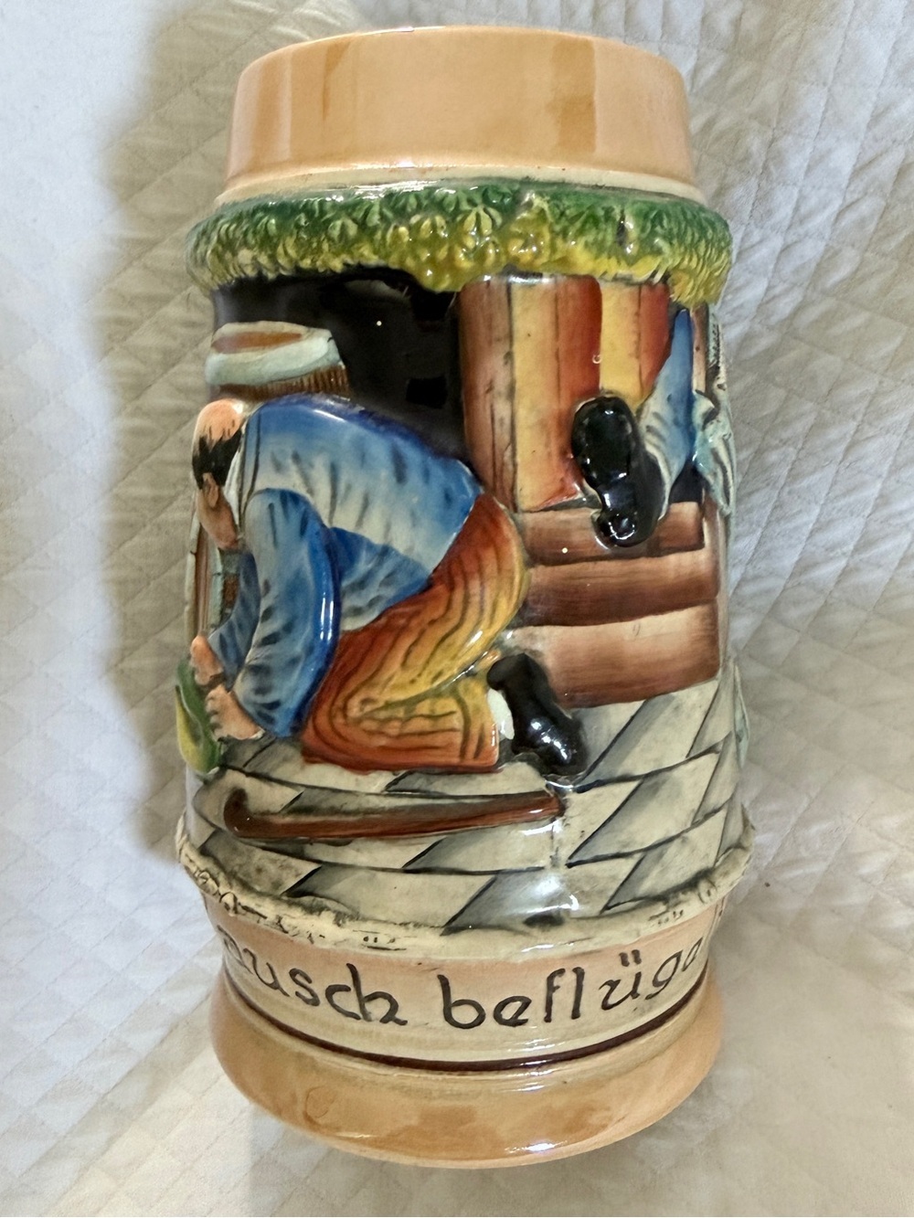 Hand-Painted Ceramic Beer Stein in Blue, Green and Tan - Picture 2 of 6